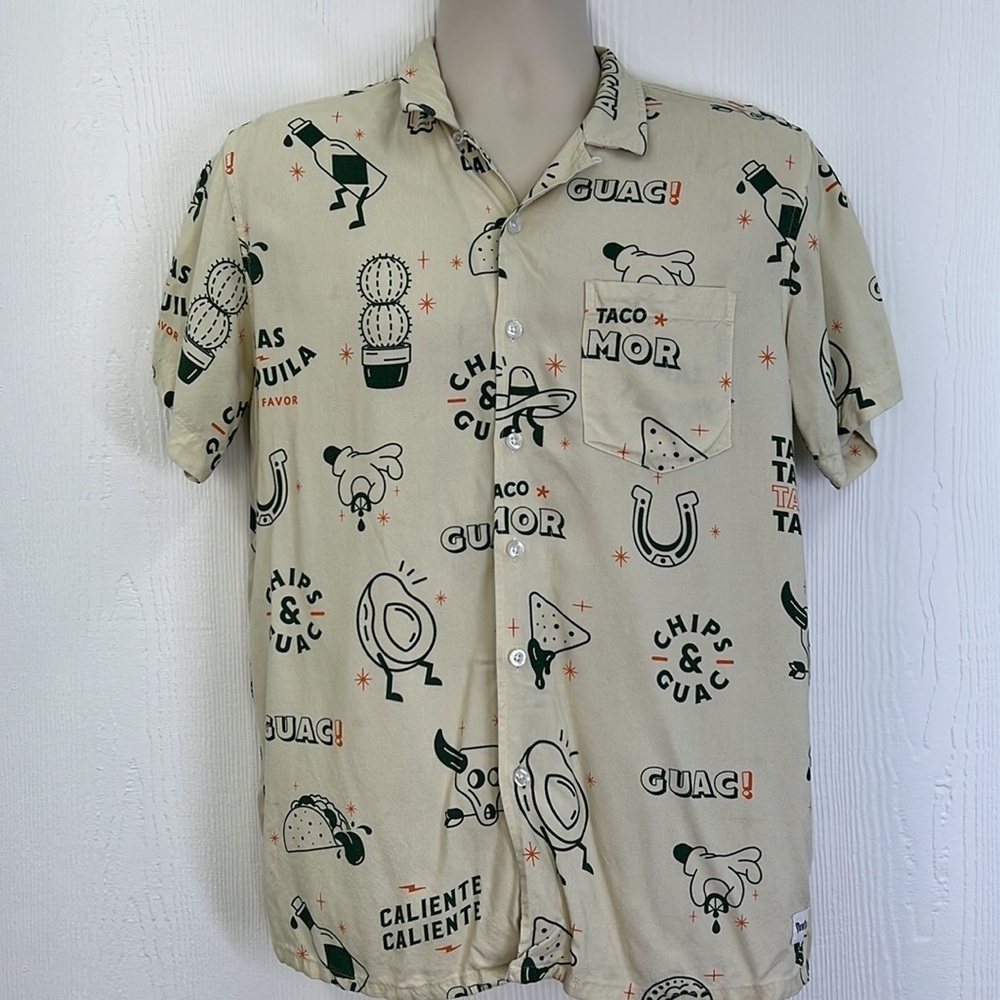 Duvin - Beige Taco Guacamole Fun Graphic Short Sleeve Button Up Size Small - Picture 3 of 12